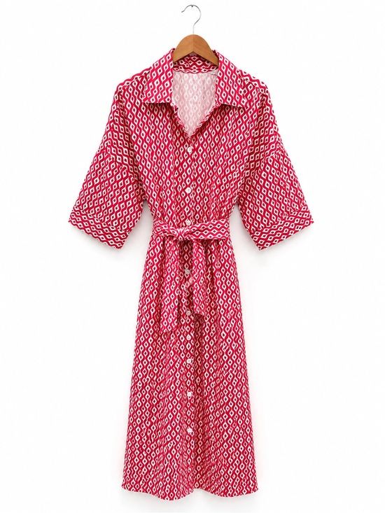 Other - Red Geometric Print Women's Shirt Dress with Belt
